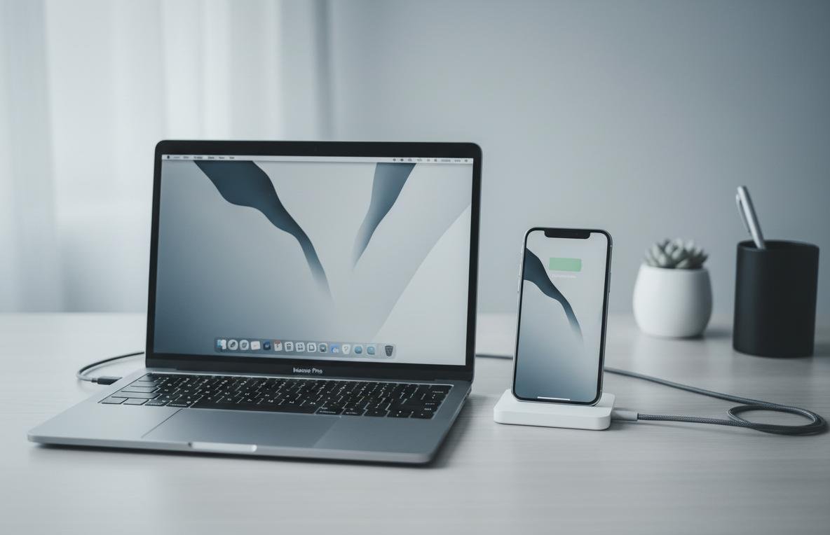 MacBook with iPhone showing Kyvenza for cross-device development workflows